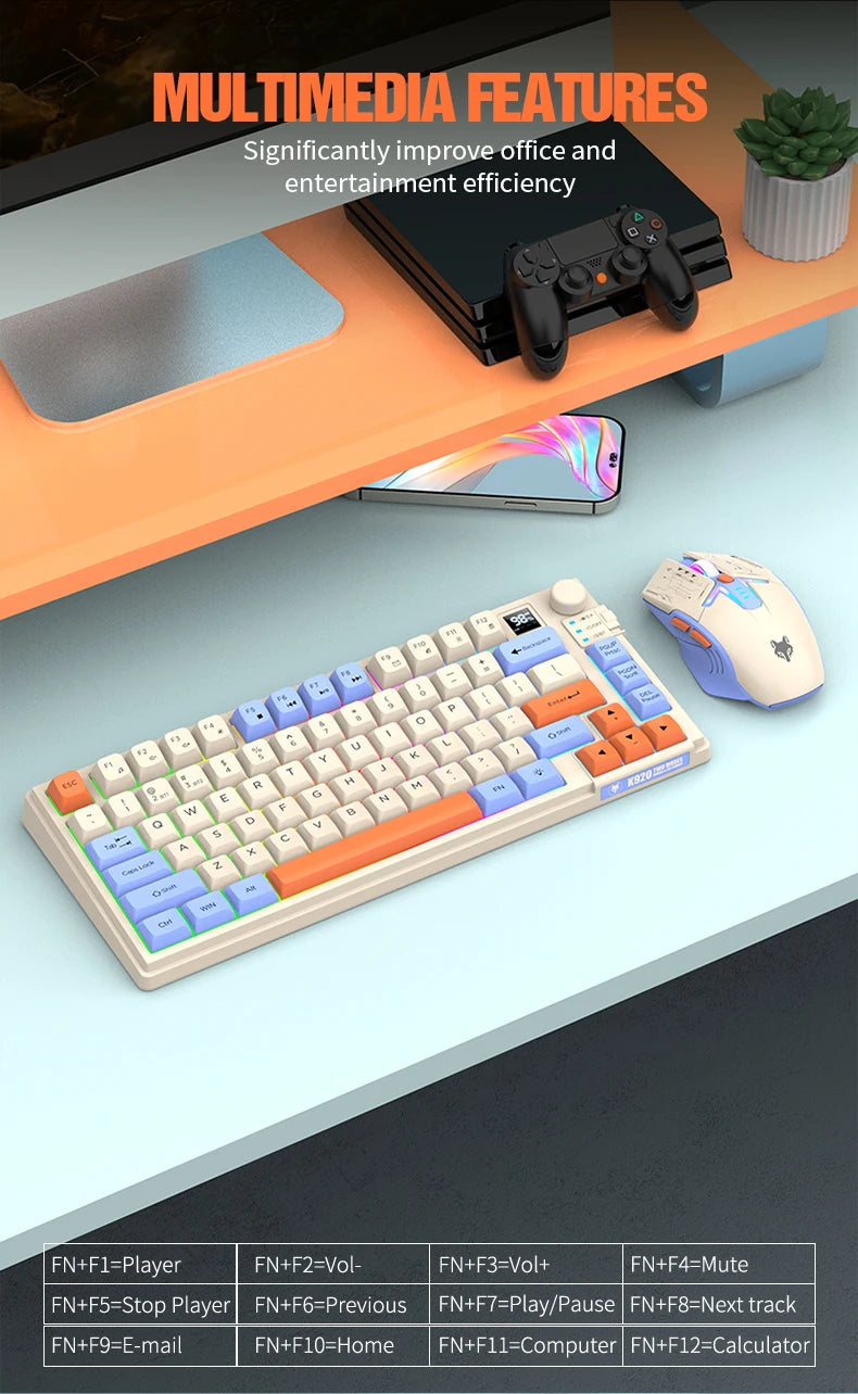 Dual Modes Gaming Keyboard Mouse Combos Computer Laptop Backlight Gamer Kit LED Wireless Usb Keyboard with Display Screen & Knob