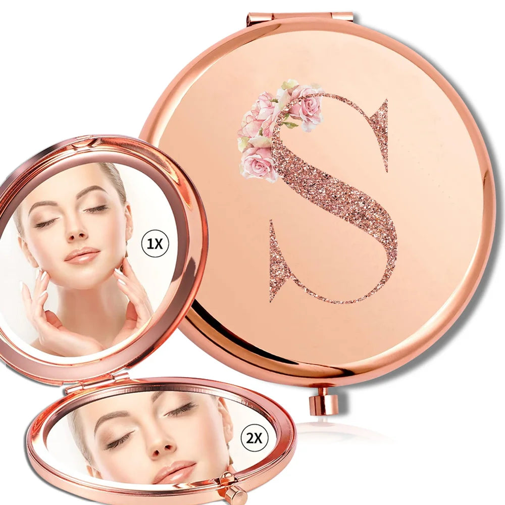 Magnifying Makeup Round Mirror Double Sided Metal Cosmetic Portable Look Glass Compact Handheld Mirror Rose Gold Letter Pattern