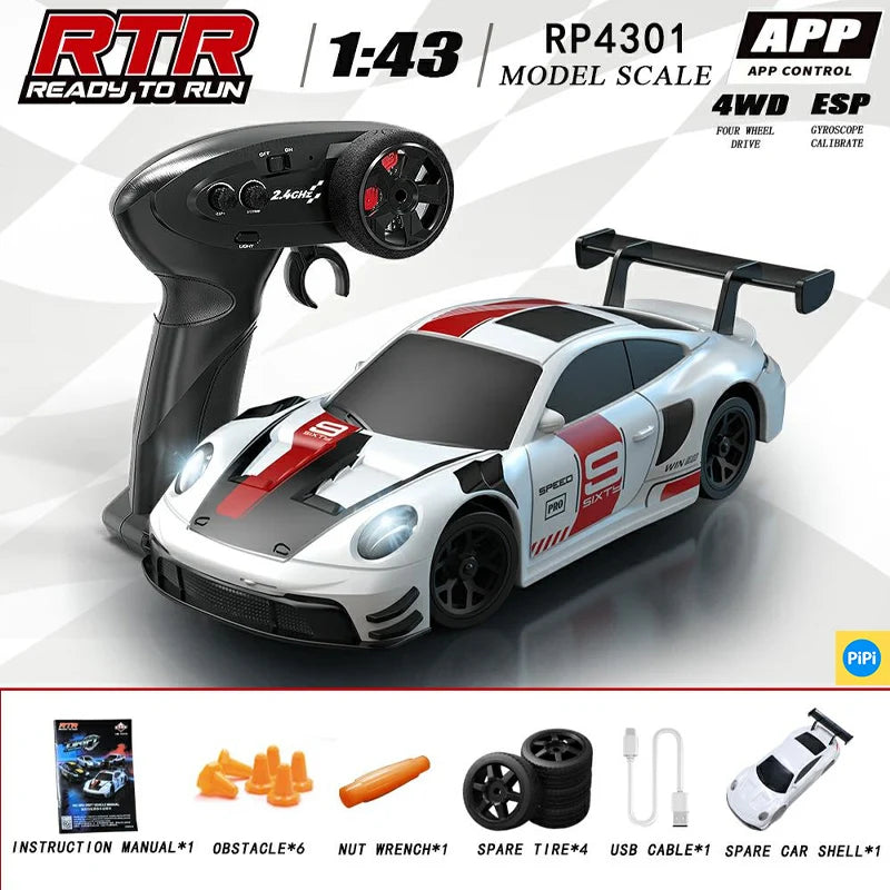 1/43 HB-RP43 RC Drift Car with DIY White Body Shell & Extra Tires 2.4G 4WD ESP Gyro Stabilization Full Proportional Control Car