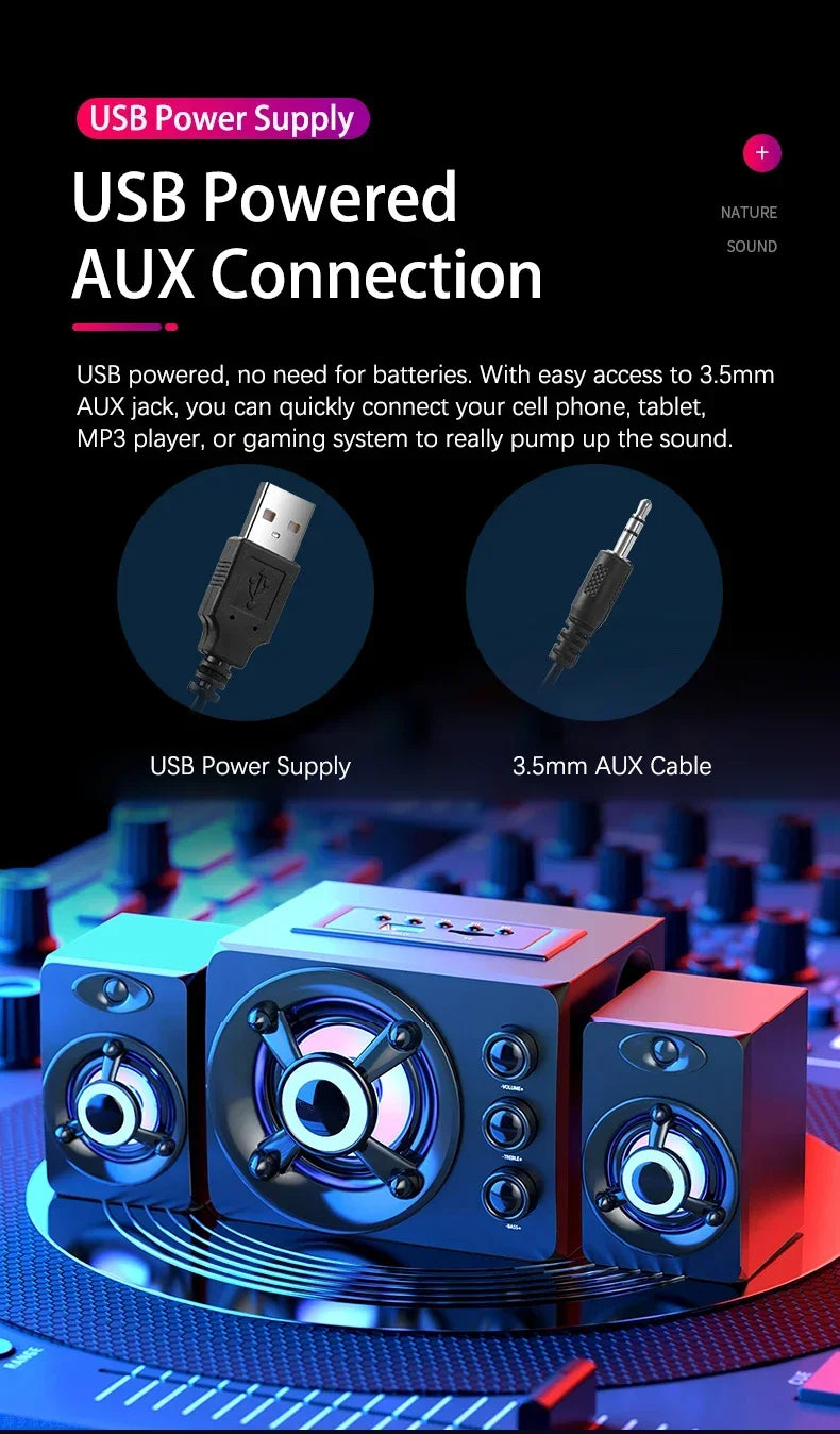 HIFI 3D Stereo Speakers Colorful LED Heavy Light AUX USB Wired Wireless Bluetooth Audio Home Theater Surround Sound Bar TV