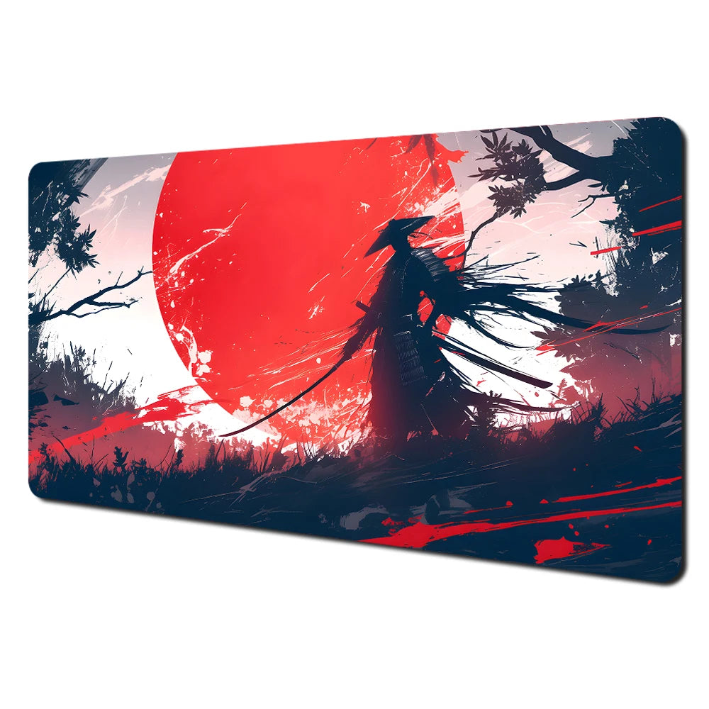 Red full moon samurai design Mouse Pad Desk Mat with Stitched Edges non-Slip rubber base pc accessories Gaming mat maus pad