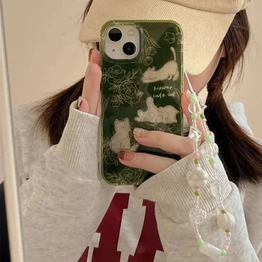 Feather Yarn Green Sketch Cat Phone Case for IPhone 16 15 14 13 12 11 Pro Max Plus Transparent Shockproof Hard Cover