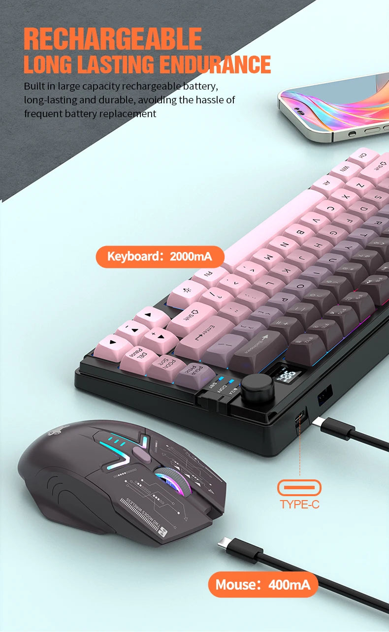 Dual Modes Gaming Keyboard Mouse Combos Computer Laptop Backlight Gamer Kit LED Wireless Usb Keyboard with Display Screen & Knob