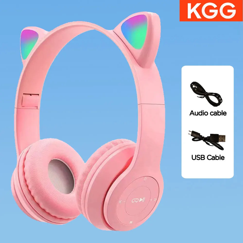 Cat Ears Headphones Flash Light Wireless With MIC Control LED Kid Girl Stereo Cute Music Helmet Bluetooth Phone Headset Earphone