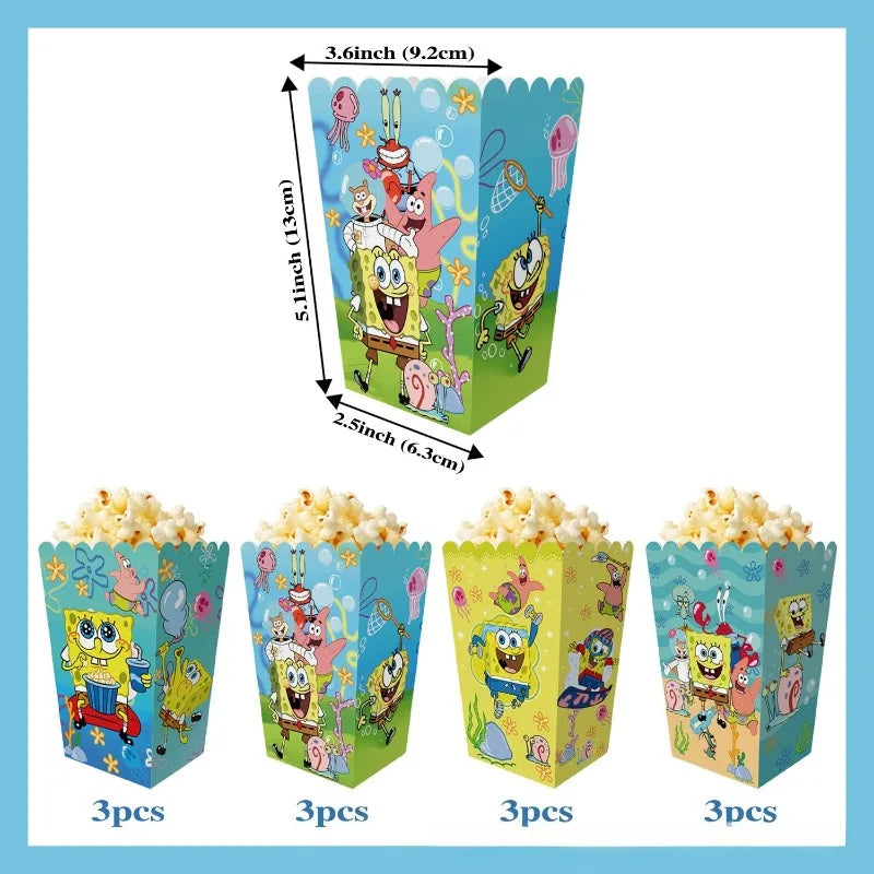 12Pcs SpongeBob Popcorn Box for Party Supplies Dessert Storage Box Movie Theater Popcorn Snack Boxes Birthday Party Supplies