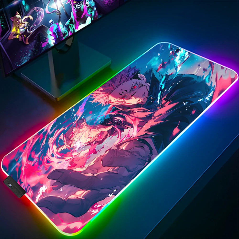Jujutsu Kaisen Anime RGB Pc Gamer Keyboard Mouse Pad Gojo Satoru Mousepad LED Glowing Mouse Mats Rubber Gaming Computer Mats Xxl