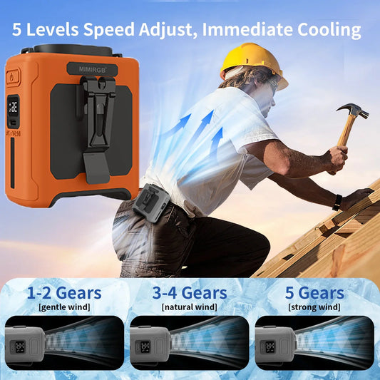10000mAh Portable Waist Fan LED Lighting Hanging Neck Fan with Power Bank 5 Speed Strong Airflow Cooling Fan for Outdoor Working