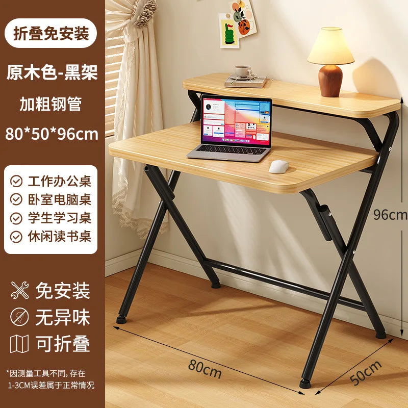 Foldable Computer Study Desk, Student Home Writing Desk, Small Apartment Simple Office Table,  Double-Layer  Functional Desk
