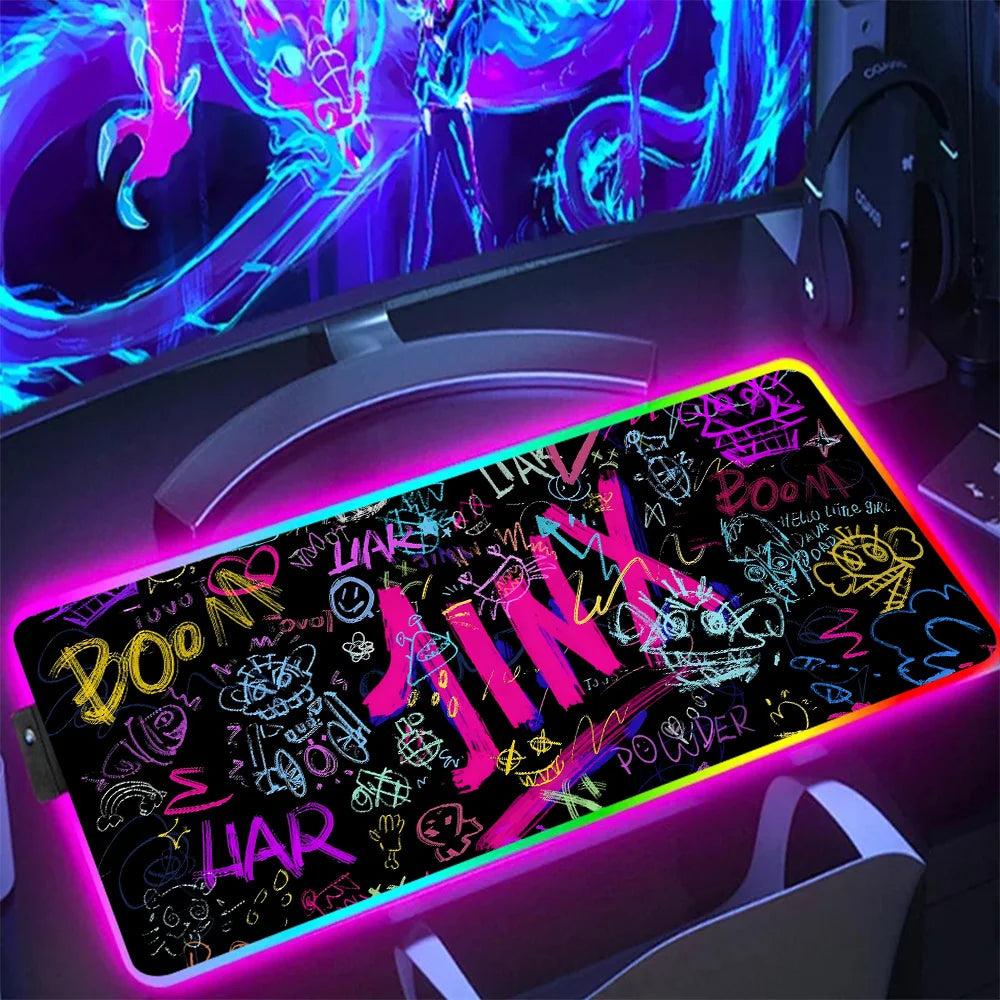 Hot Anime Game Graffiti Jinxs RGB Pc Gamer Keyboard Mouse Pad Mousepad LED Glowing Mouse Mats Rubber Gaming Computer Mausepad