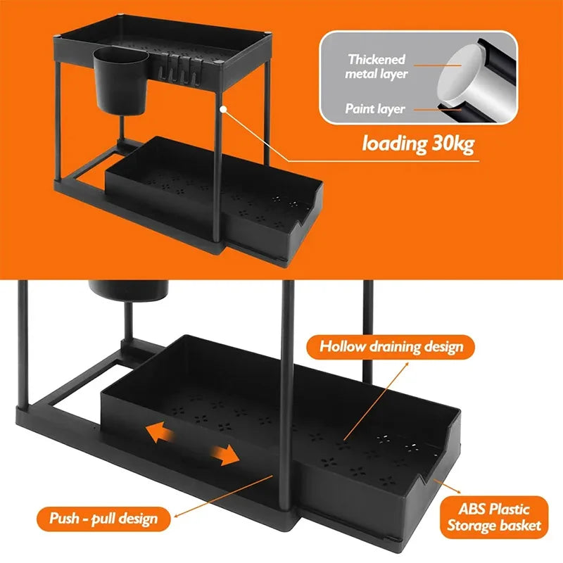 Kitchen Shelf Pull Out Organiser Sliding Cabinet Basket Organizer with Hooks 2 Tier Multi-Functional Bathroom Storage Shelf