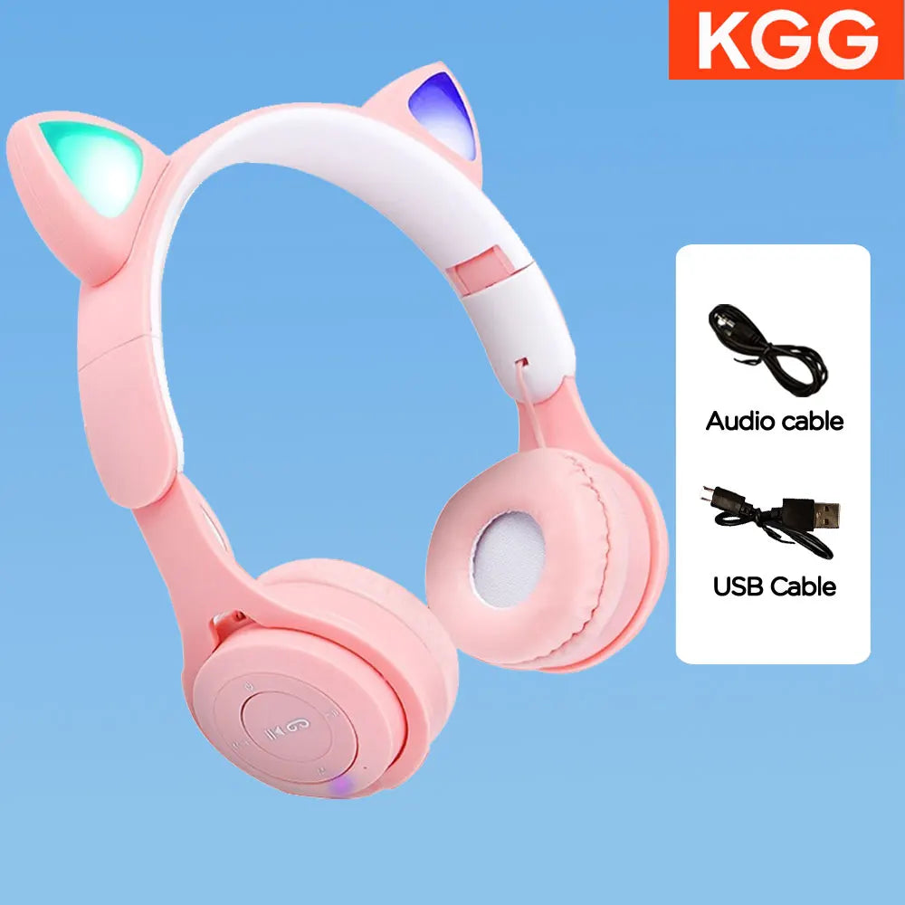 Cat Ears Headphones Flash Light Wireless With MIC Control LED Kid Girl Stereo Cute Music Helmet Bluetooth Phone Headset Earphone