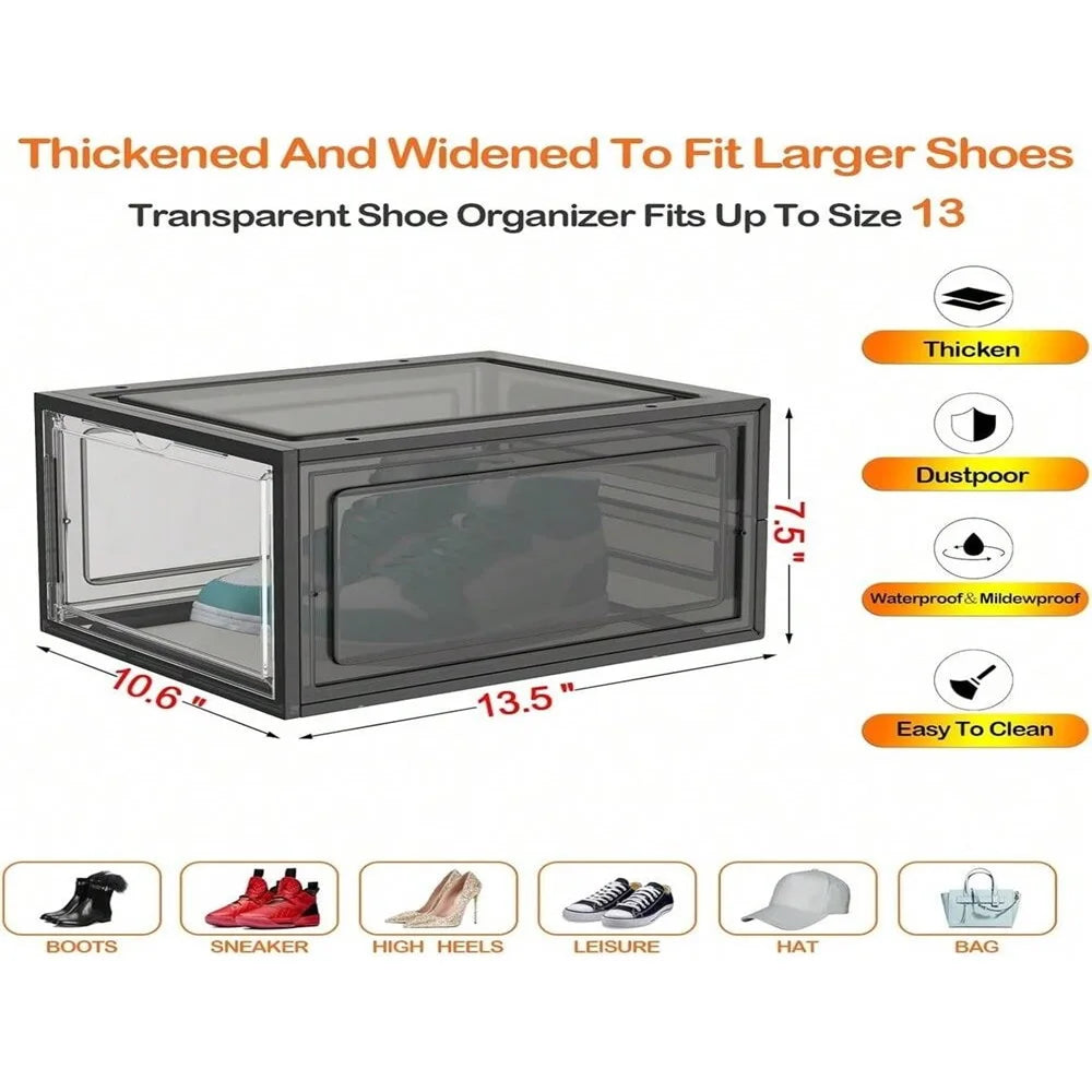 6 Pack Large Plastic Shoe Storage Boxes Stackable Magnetic Door Dustproof Organizer for Men/Women Sports Shoes up to Size 13