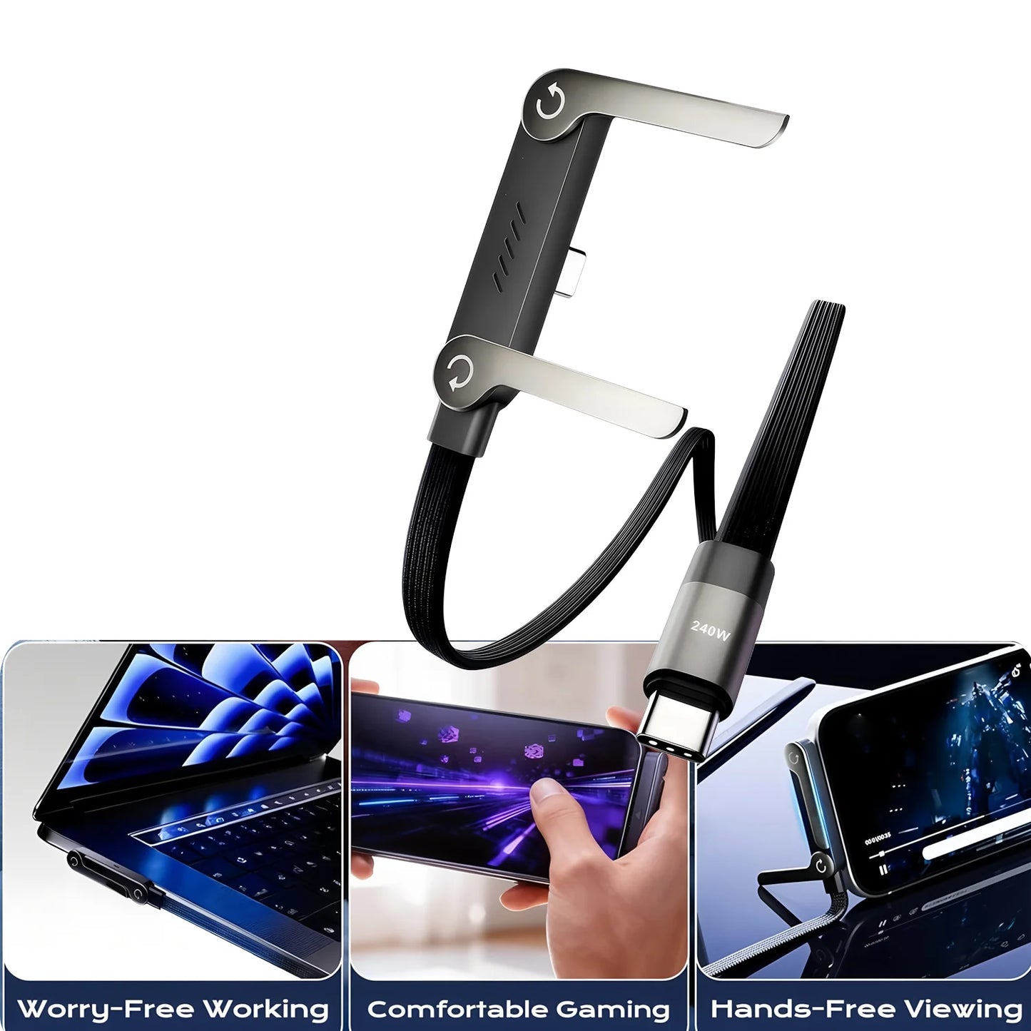 Phone Charger 2 in 1 Invisibles Holder Charger Cable 240w Fast Charging Cord with Built-in Phone Stand