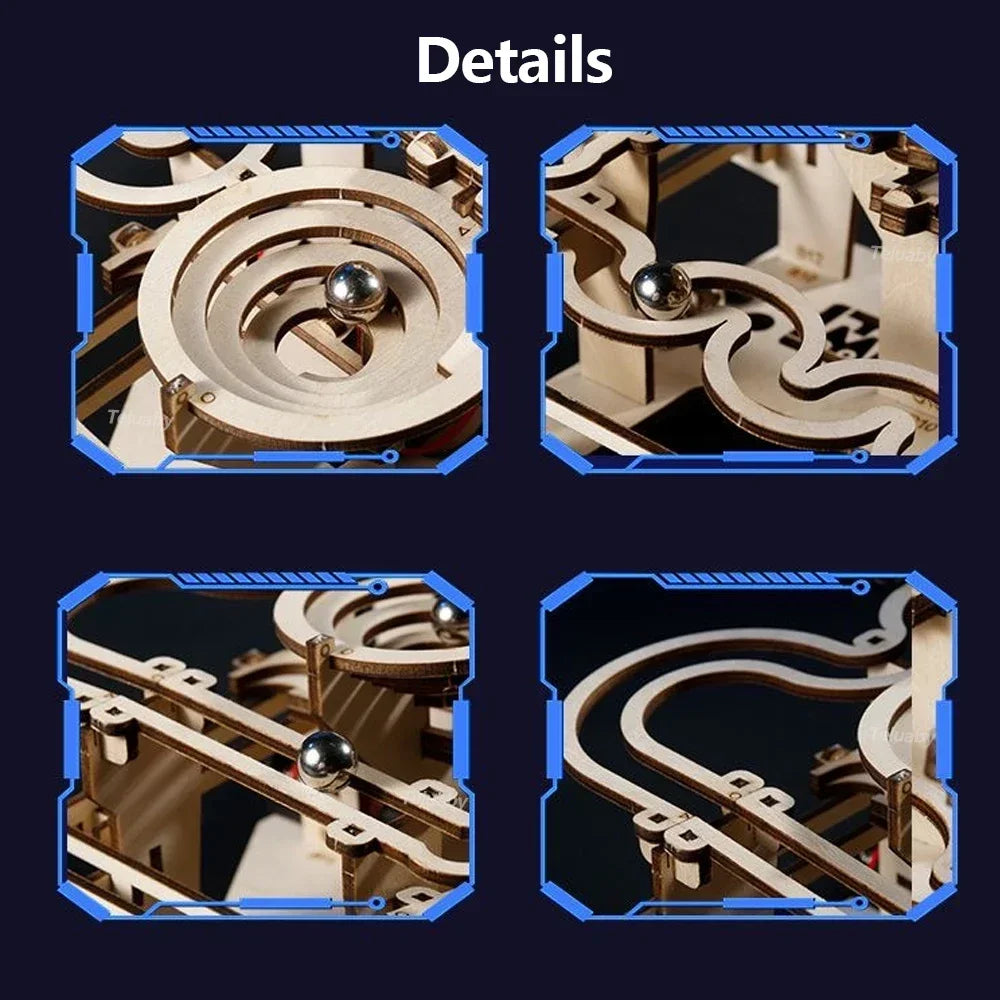 3D Wooden Puzzle DIY Building Kits Mechanical Model Marble Run Set with 4 Balls Creative STEM Toys for Adults Kids Birthday Gift
