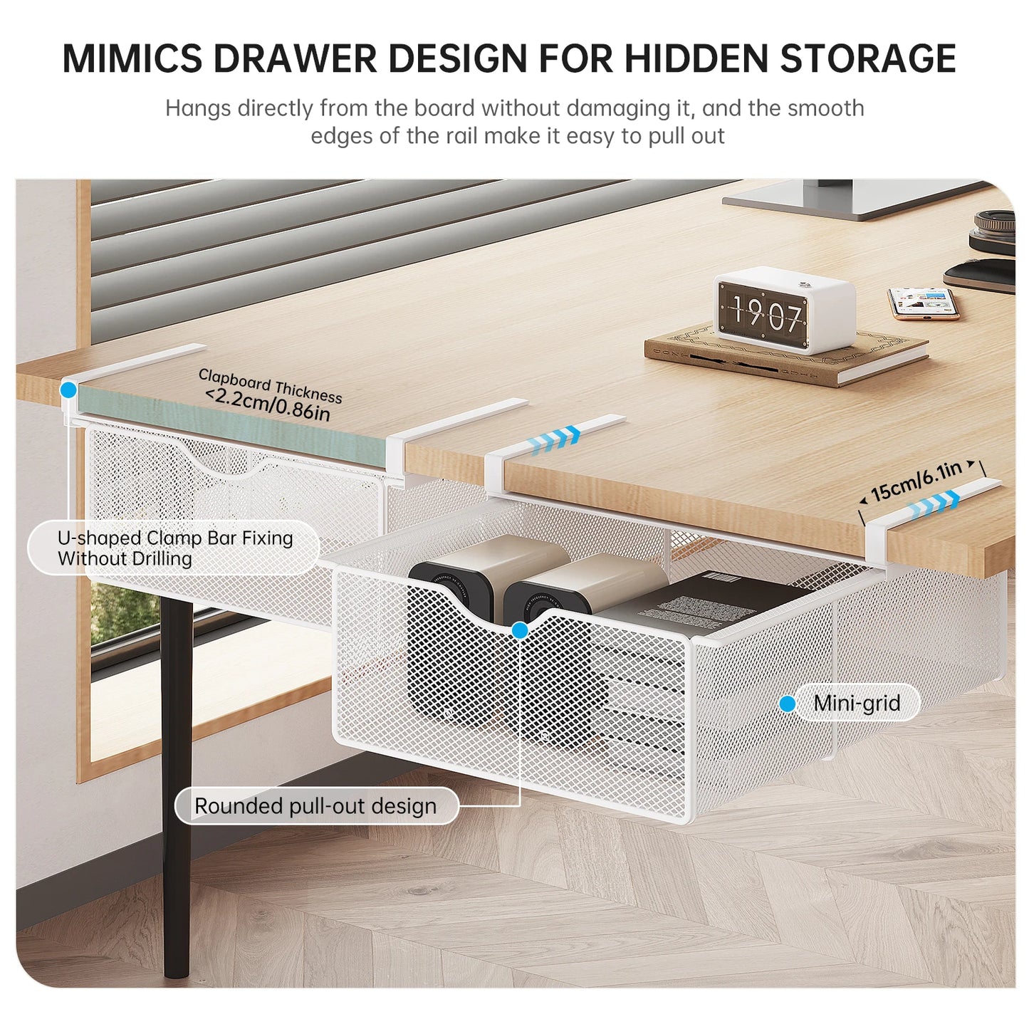 Under-Desk Drawer with Rod, Invisible Storage Box under the Desk, Workstation Transformation Tool, Student Desk Side Shelf