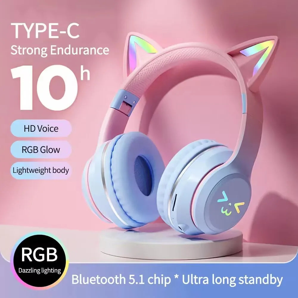 Original Cat Ear Bluetooth Headsets Wireless Earphones RGB Glow With Cable Smartphone Sport Headset Gaming Headphones for Pc