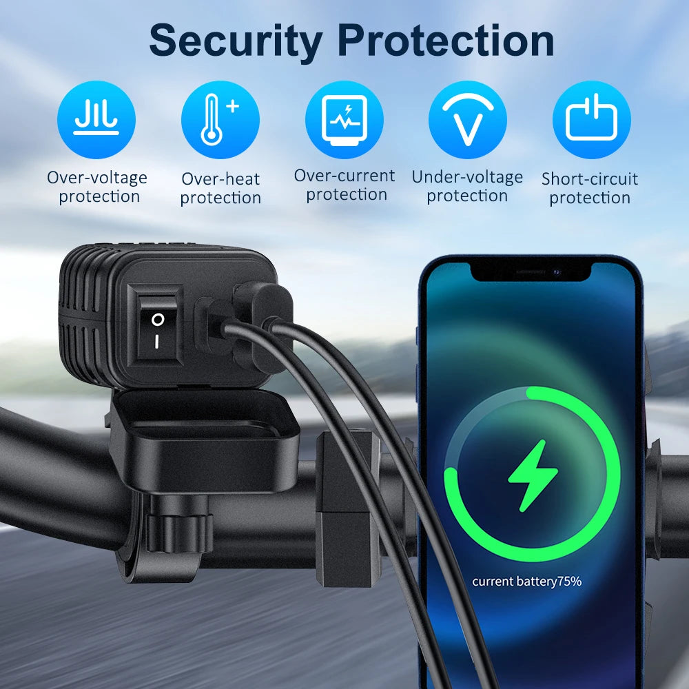 Motorcycle Phone Charger 48W Waterproof Motorcycle USB Charger Socket with Voltmeter & ON/Off Switch for Phone, Tablet, GPS