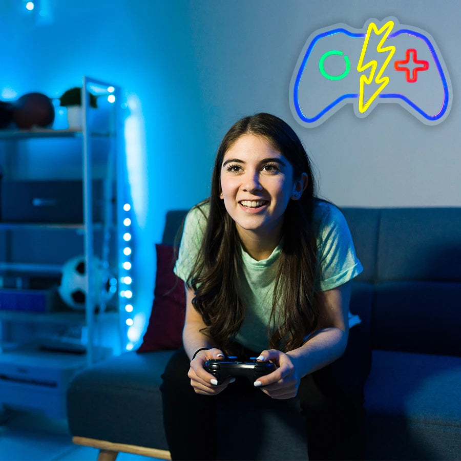 Game Zone Neon Sign, Gamepad Shaped LED Neon Sign for Gamer Room Decor, Game On Neon Sign for Boys Home Decor, 5V USB Powered