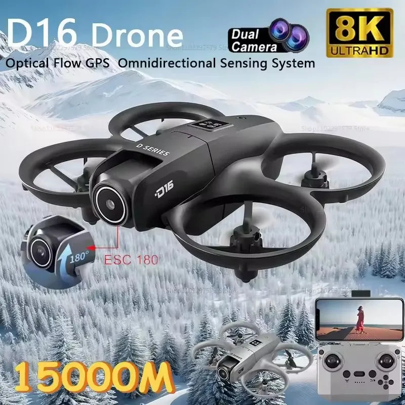 New D16 Mini Drone 8K HD Dual Camera Profesional 180° Electric Adjustable GPS Positioning Obstacle avoidance Bushless UA