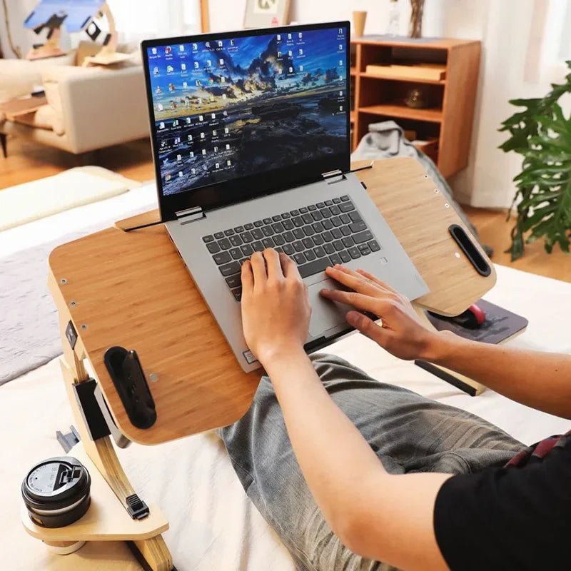 Desktop computer stand, portable and foldable stand, multi-functional reclining desk, made of wood, 360° adjustable laptop stand