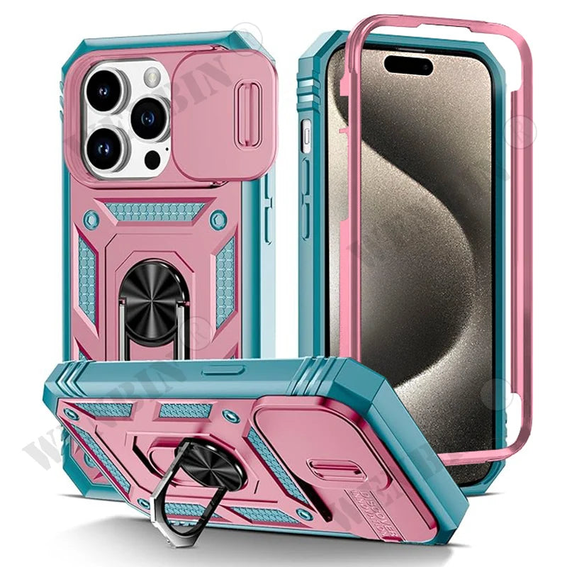Case For iPhone 17 Pro Max 16 15 14 13 Pro Max 16E Heavy Duty With Camera 360 Degree Kickstand Cover Capa Fundas