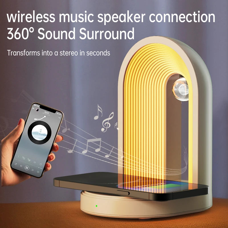 3 in 1 Charger Station with Wireless Phone Charger, LED Night Light, Bluetooth Speaker,Portable Dimmable Music Speaker Charger T