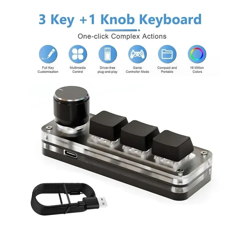 Mini USB Macro Mechanical Keyboard with 3 Keys 1 Knob RGB Gaming Custom Programming Switch Portable Keypads for Photoshop