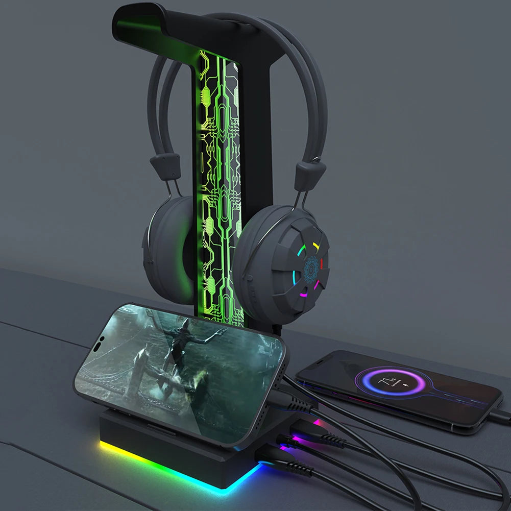 Desktop Gaming Headset Hanger Bracket RGB Headphone Holder Stand with 2 USB Charger Ports Earphone Rack For PUBG Computer Gamer