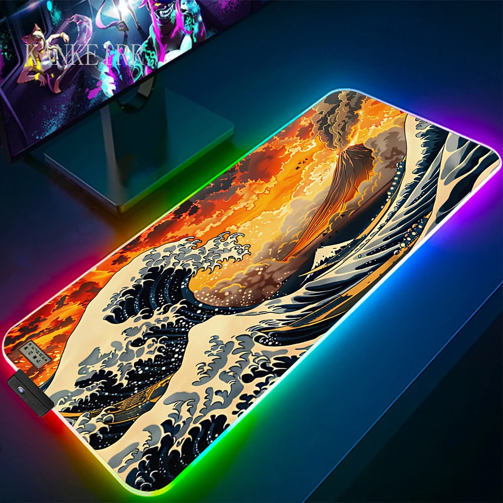 The Great Wave off Kanagawa RGB Gaming Mouse Pad Desk Mat LED Light Mousepad Artistic Computer Carpet With Backlit Mouse Pads