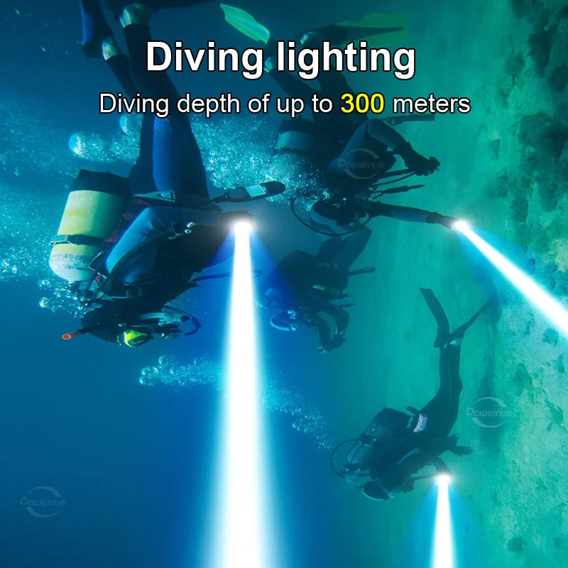 Powerful LED Diving Flashlight Zoomable Underwater Torch  Professional Diving 300M Dive Lights IPX8 Waterproof Fishing Lantern