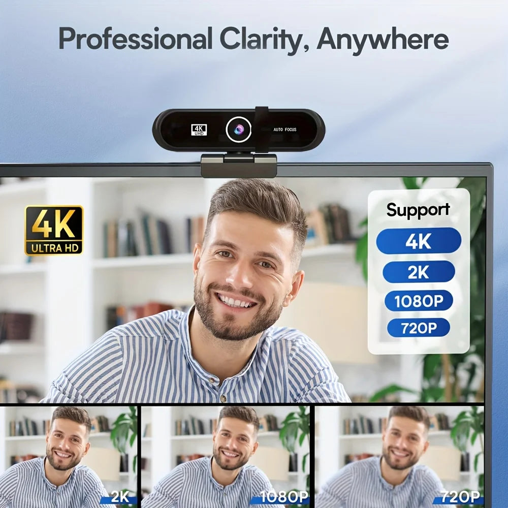 4K UHD Webcam, Auto Focus, Built-in Microphone, USB Camera, Desktop/laptop, Includes Tripod Mount,  Plug-and-Play