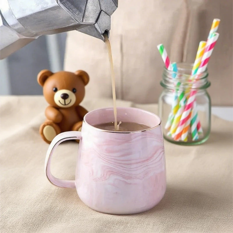 Pink/Grey Ceramic Mug Nordic Ins Style Marbled Gold Rim Coffee Cup Oatmeal Breakfast Cup Valentine's Day Dift Couple water cups