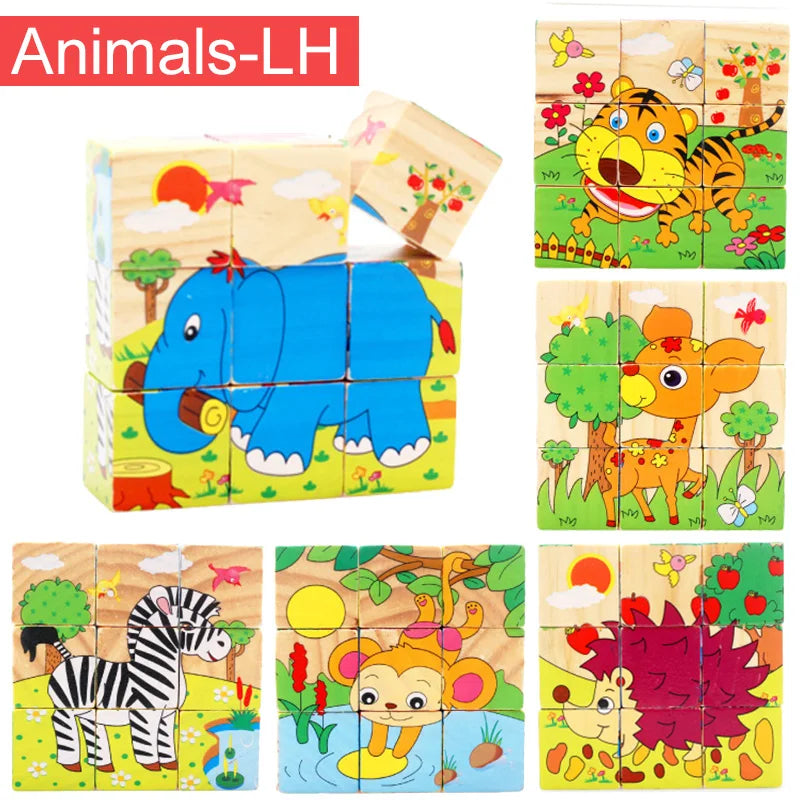 Wooden Puzzle Six Sides Painted Three-Dimensional Traffic Animal Puzzle Building Blocks Montessori Early Education Toys TMZ