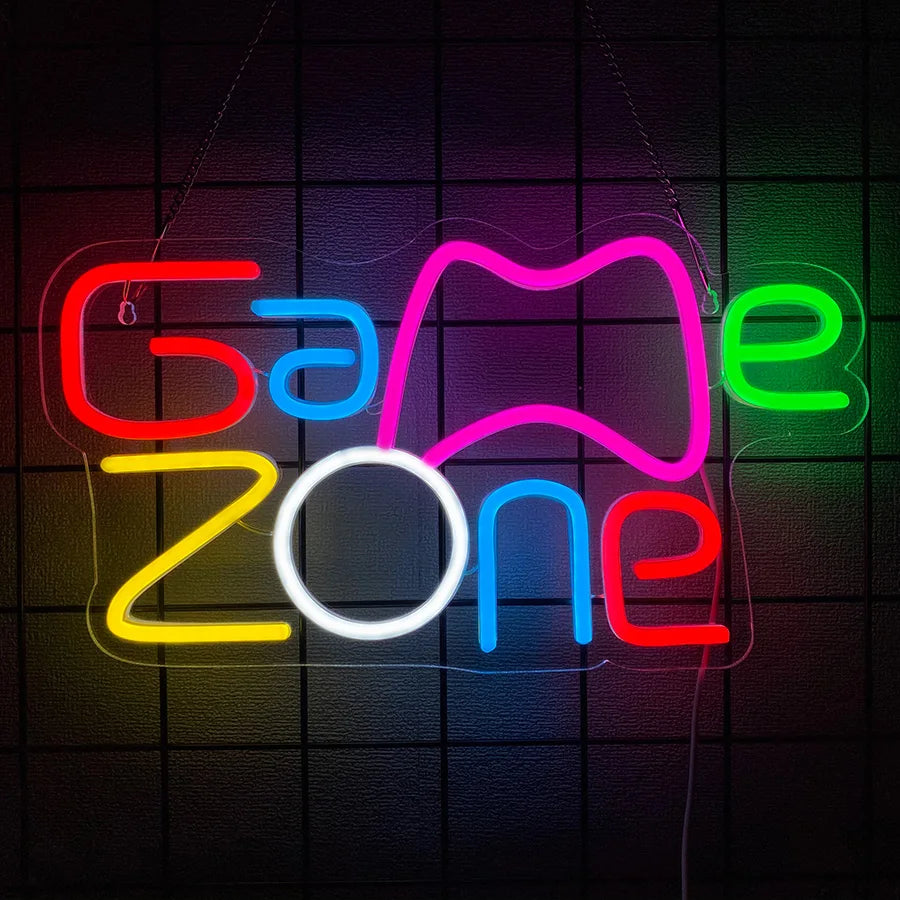 Game Zone Neon Sign, Gamepad Shaped LED Neon Sign for Gamer Room Decor, Game On Neon Sign for Boys Home Decor, 5V USB Powered
