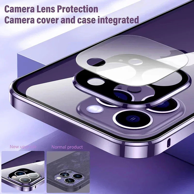 Double Sided Buckle Magnetic Glass Case For iPhone 17 16 15 14 13 12 Pro Max Air Mini Plus 360° Full Body Protection Phone Cover