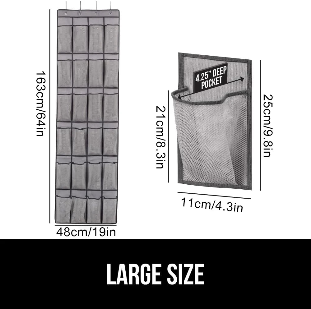 Over-the-door shoe organizer, 24 breathable mesh pockets, space-saving hanging rack for shoes, accessories, etc.