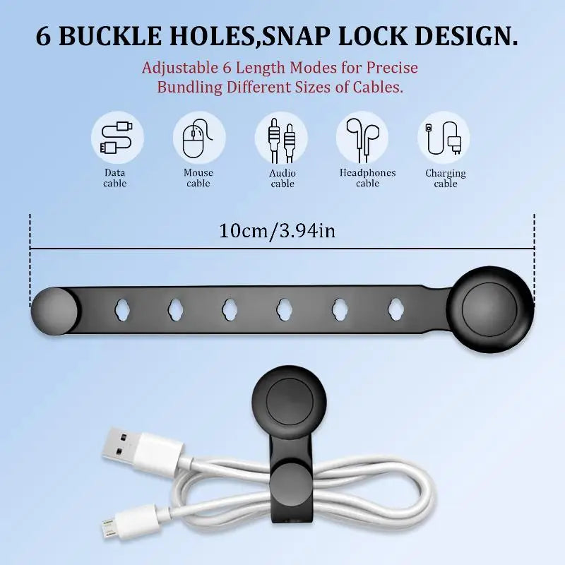Magnetic Cable Ties With Adhesive Iron Sheet Reusable Silicone Wire Organizer With Buckle Holes Elastic Cable Management Straps
