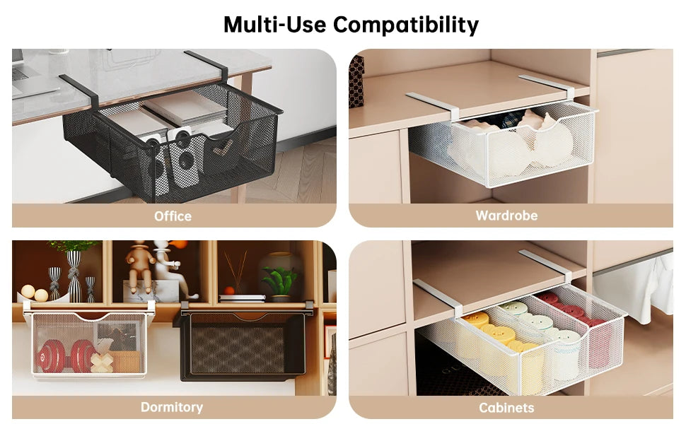 Under-Desk Drawer with Rod, Invisible Storage Box under the Desk, Workstation Transformation Tool, Student Desk Side Shelf