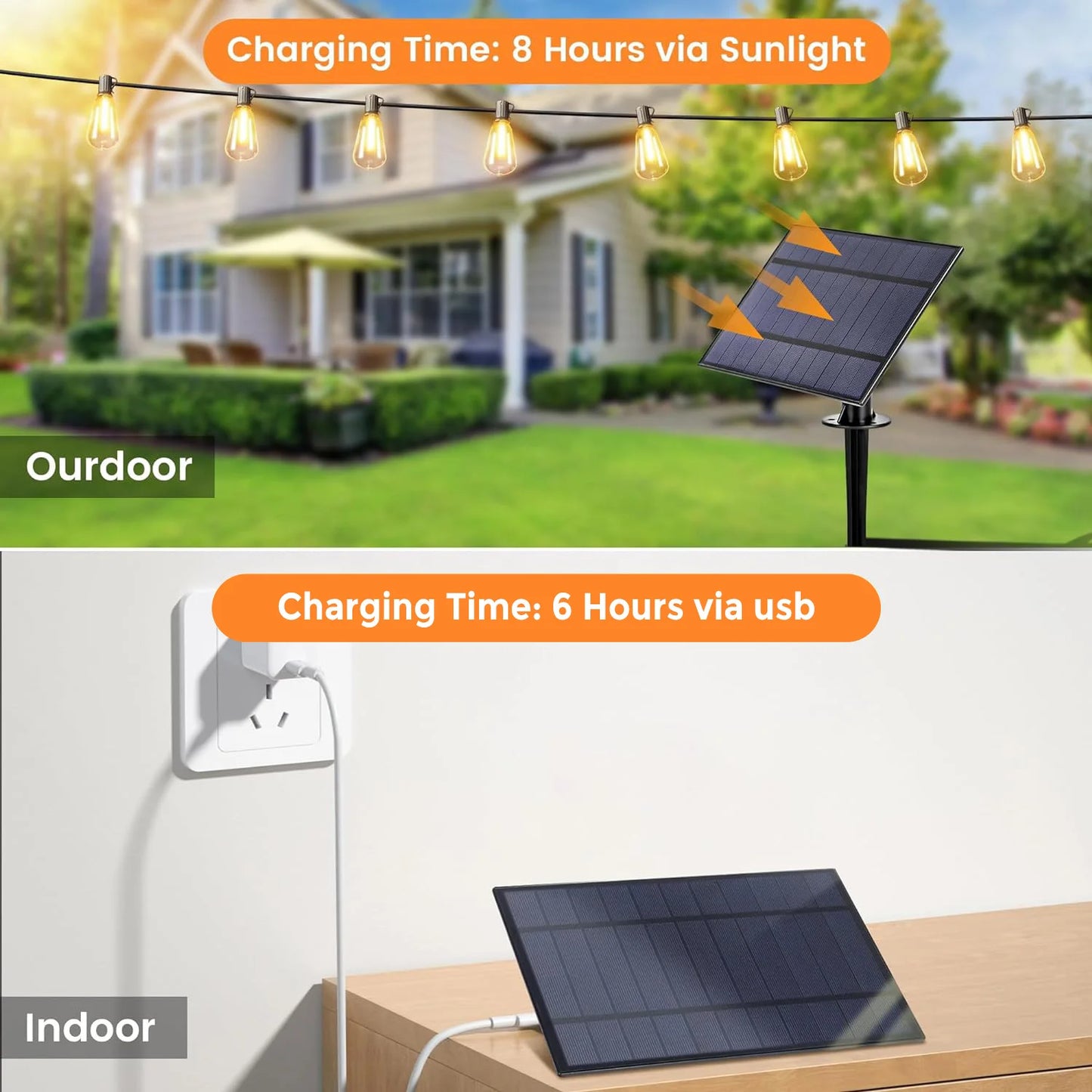 Solar String Lights Outdoor G40 Patio Lights, USB Recharger, 8 Light Modes, Shatterproof Bulbs , Weatherproof Hanging Light