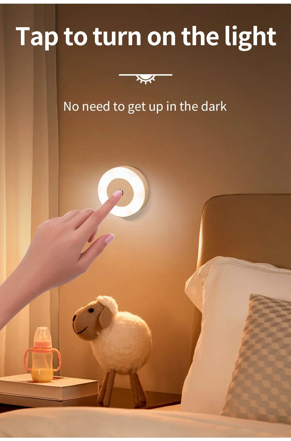 Wireless Led Book Light 6cm Rechargeable Wall Lamp with Touch Switch Night Light 3-Colors Dimmable Portable for Bedroom Reading