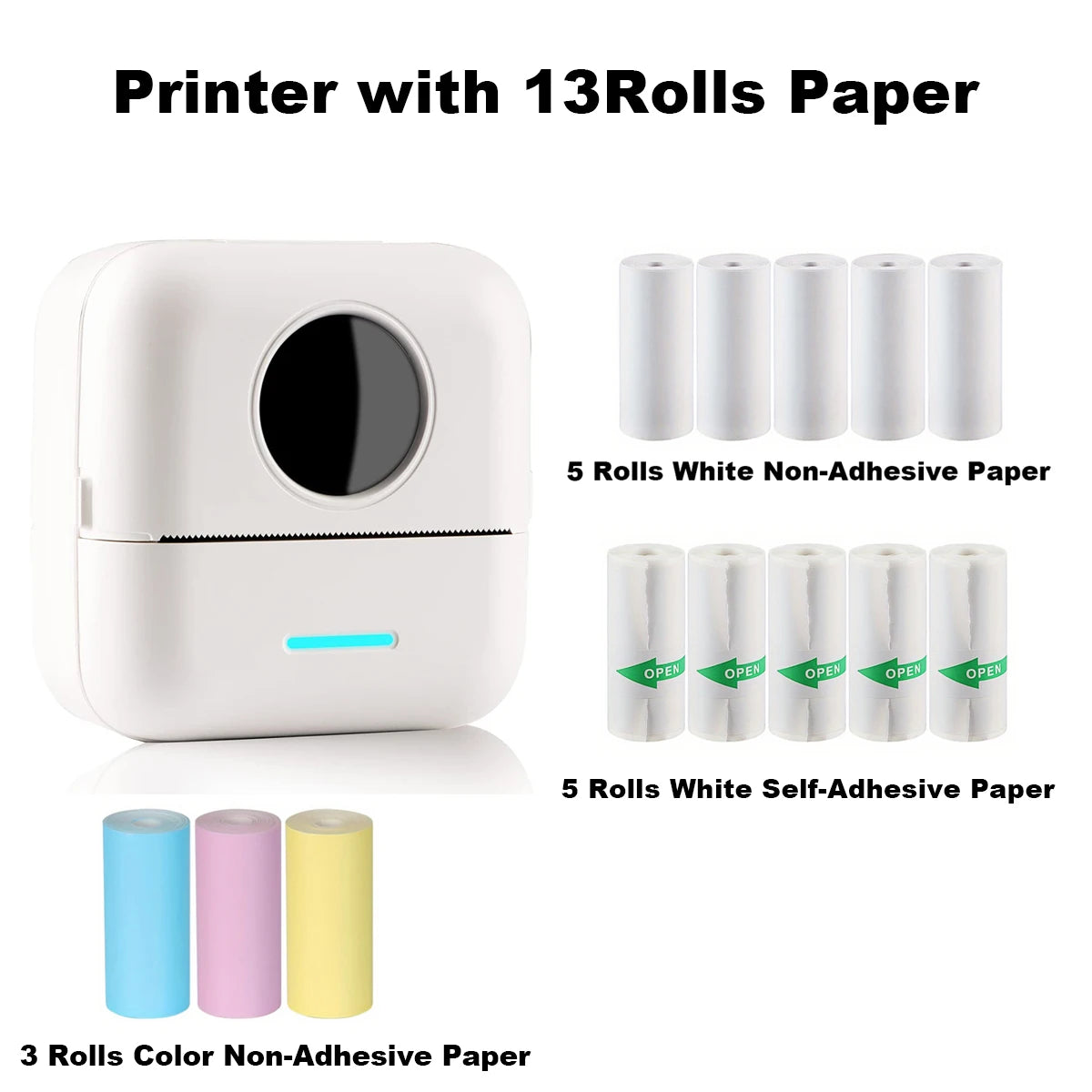 [Mini Portable Printer] Mini Portable Thermal Printer | 13 Rolls | Print Pictures, Photos, Labels, Text, To-Do Lists | 57*25mm