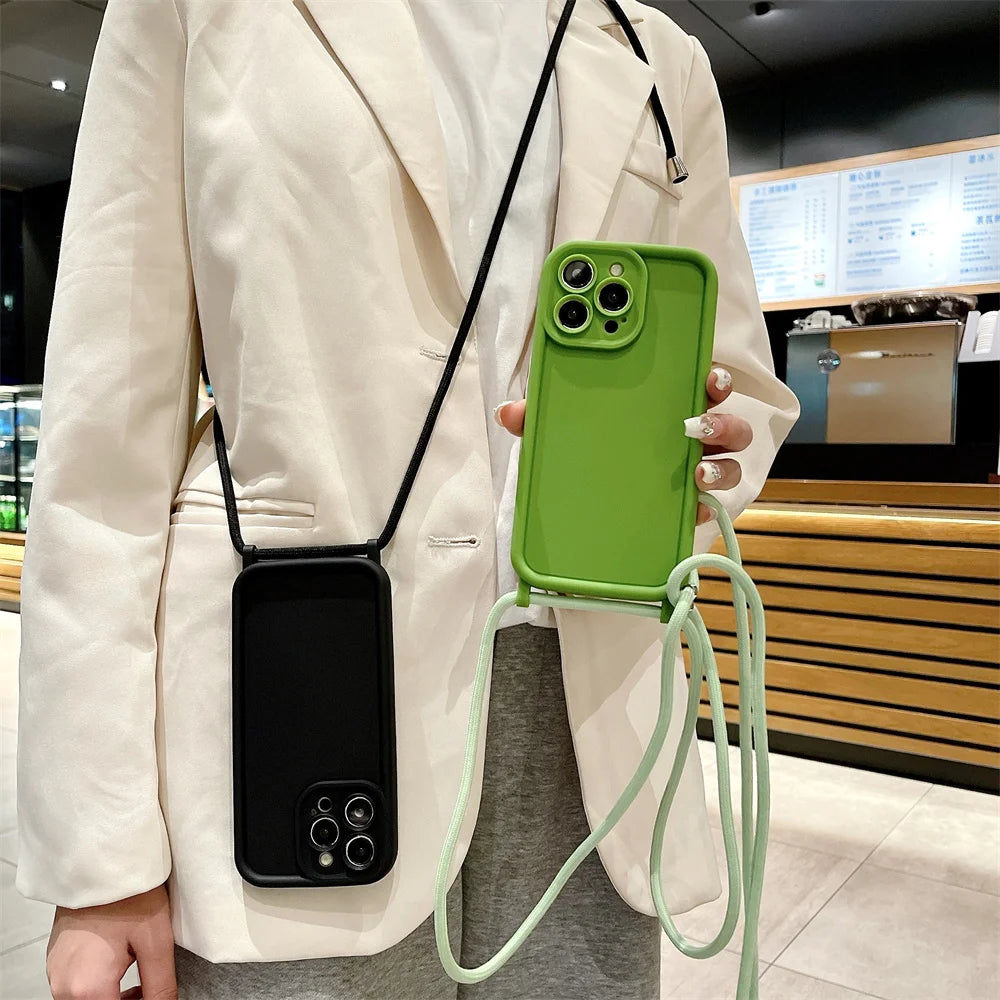 Phone Case For iPhone 14 13 15 16 Pro Max 17 Air 16E 12 11 X XS 8 Plus SE2022 Crossbody Adjustable Lanyard Strap Rope Soft Cover