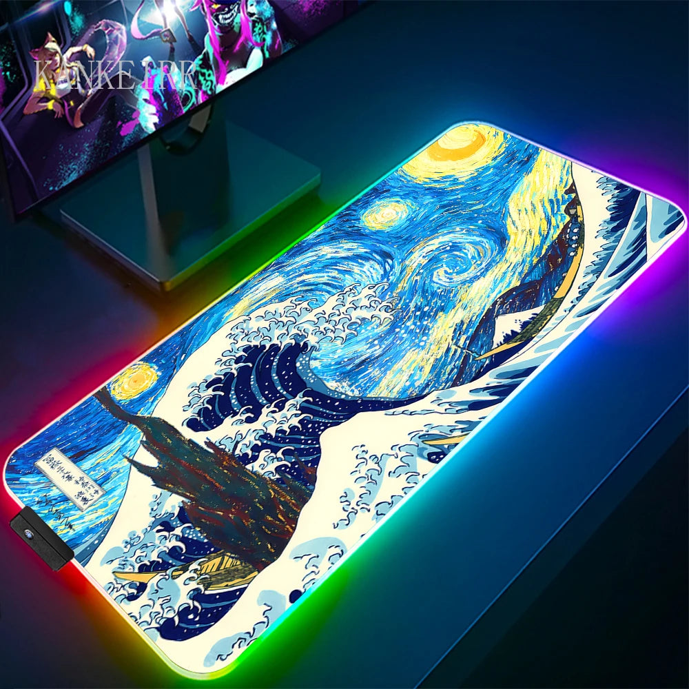 The Great Wave off Kanagawa RGB Gaming Mouse Pad Desk Mat LED Light Mousepad Artistic Computer Carpet With Backlit Mouse Pads