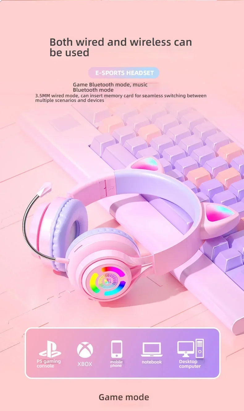 RGB Lighting Headphone For PC Computer iPad Cat Ear Gaming Headset Noise Reduction Headphones With Microphone Children Gift