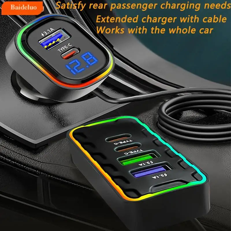 22.5W Fast Car Charger 7-Port Expansion Simultaneous Front and Rear Charging Type-C USB Family Travel Adapter Charger