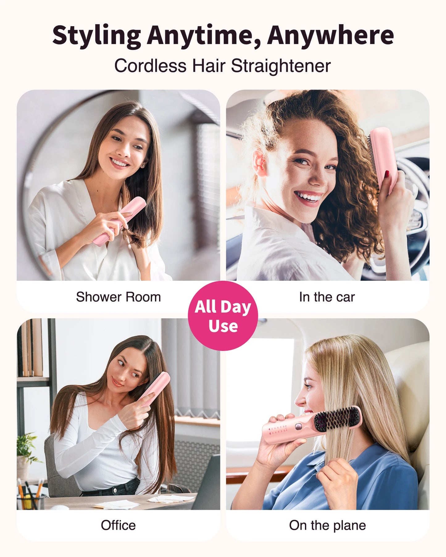 Cordless Hair Straightener Brush 10000mAh Portable for Travel 300M Negative Ions Frizz-Free Shine Fast Heating Gift for Women