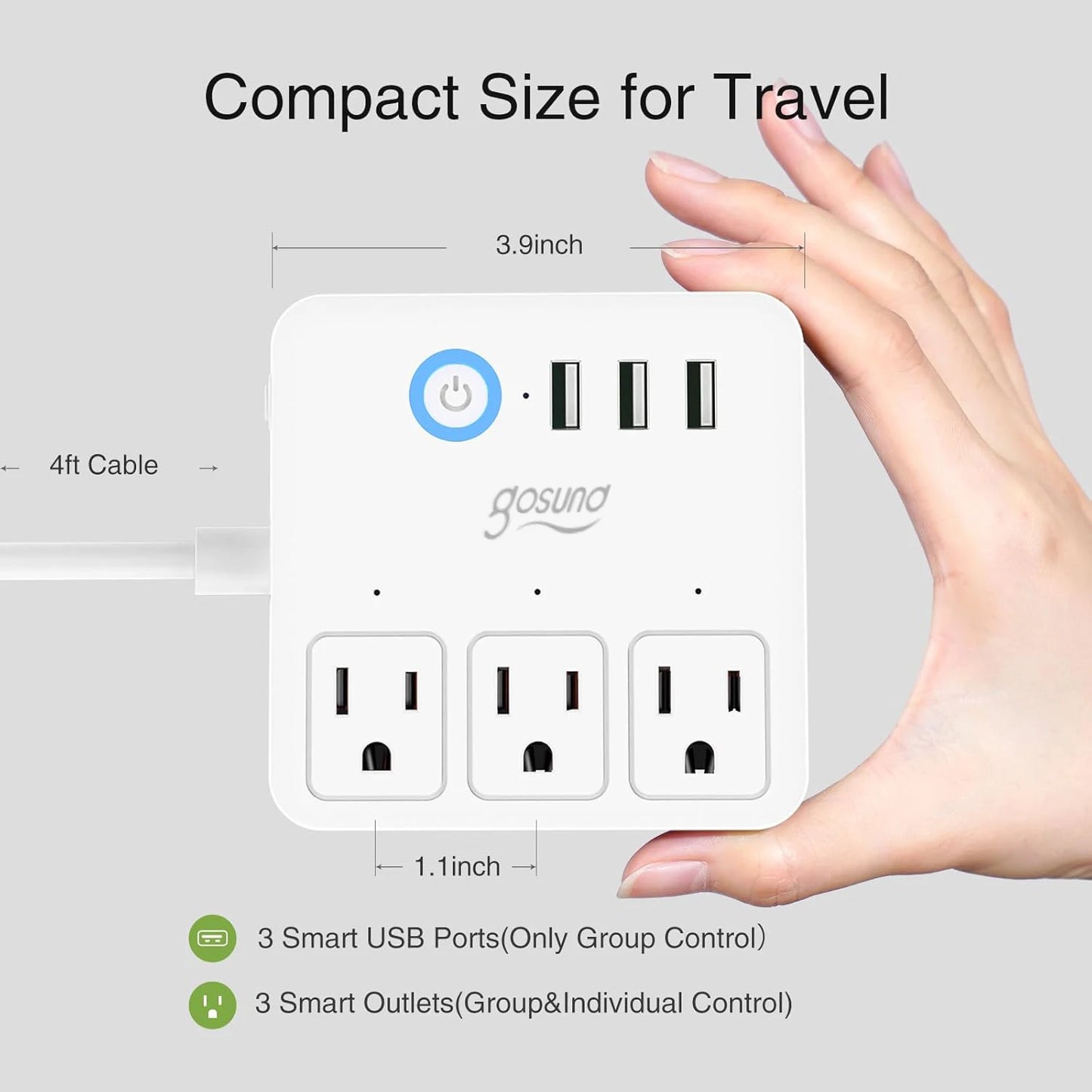 Wifi Smart Power Strip Surge Protector Built-in 3 USB Ports, Power Bar Outlets Ports With Extension Cord For Travel Home Office