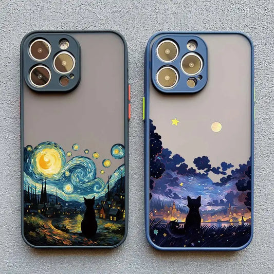 Artistic Black Cat Starry Night Phone Case For iPhone 17 15 14 13 12 11 Pro Max 12 16 Mini XS X XR 14 15 Plus Shockproof Shells