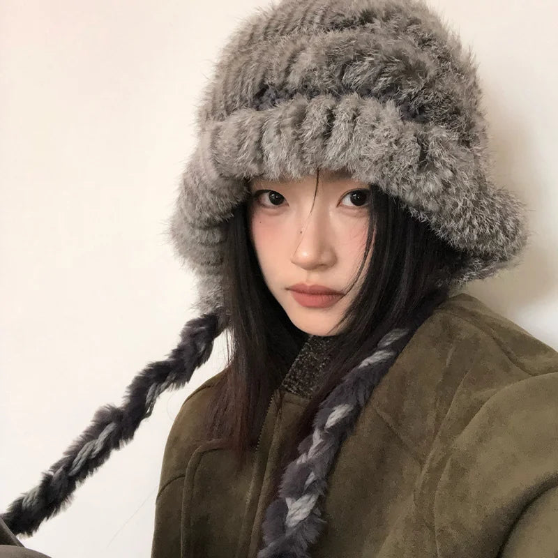 Rabbit Hair Mixed Wool Hat For Women Autumn And Winter Style Thickened And Warm Knitted Hat Cold-Proof And Ear-CoveringEd Hat