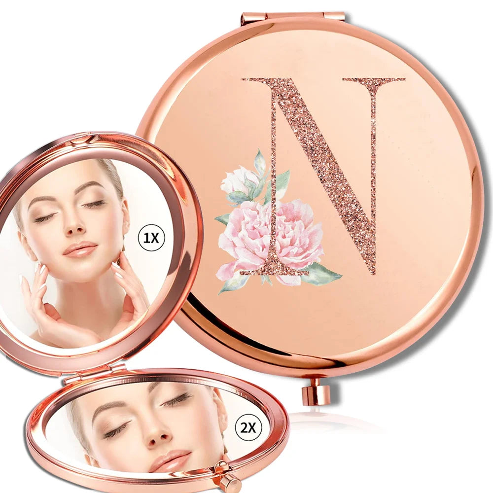 Magnifying Makeup Round Mirror Double Sided Metal Cosmetic Portable Look Glass Compact Handheld Mirror Rose Gold Letter Pattern